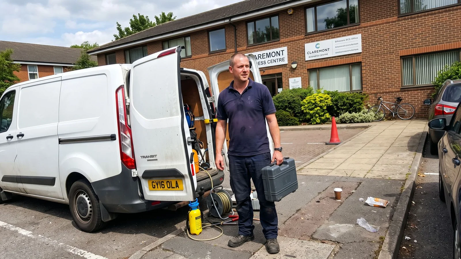 Pest control technician in workwear outside the Claremont Business Centre base in Surbiton