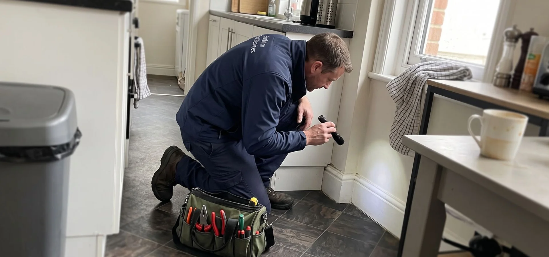 Technician inspecting a kitchen skirting board for mouse entry points in a Surbiton home
